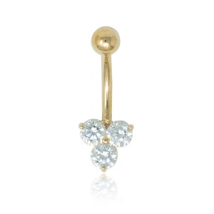 14K ソリッド ゴールド へそ 3 ストーン CZ リング、へそピアス リング、キュービックジルコニア、ボディ ジュエリー、イエロー ゴールド、本物のゴールド、長さ 10 mm