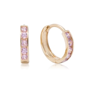 14k massief gouden Huggie CZ-oorbellen, 2 mm dikte, 10 mm buitendiameter, geel goud, echt goud, zirkonia, kleine kinderoorbellen