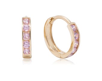 14k Solid Gold Huggie CZ Earrings, 2mm Thickness, 10mm Outer diameter, Yellow Gold, Genuine Gold, Cubic Zirconia, Small Children&#39;s Earrings