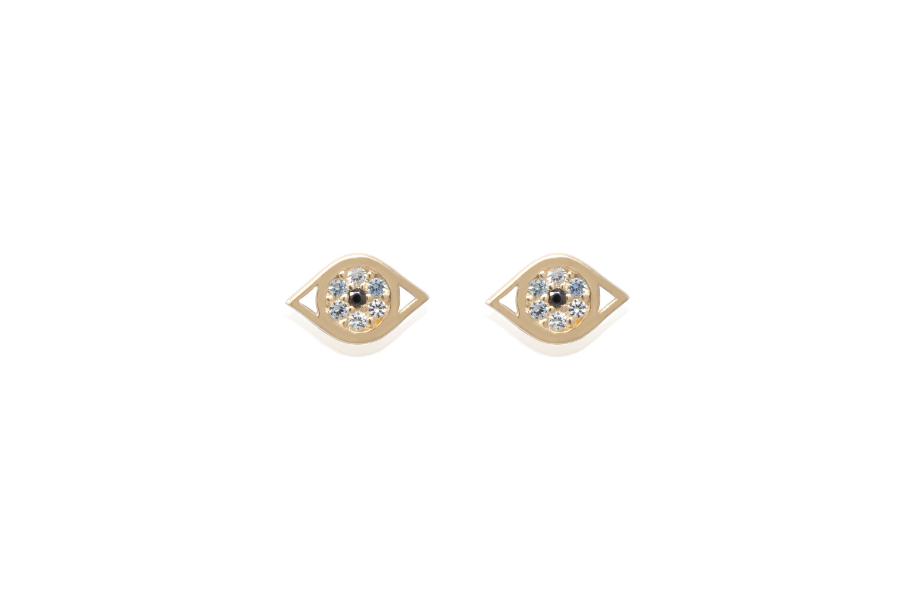 14k Solid Gold Evil Eye CZ Stud Earrings, Evil Eye Earrings, Cubic Zirconia, 14k push back, Yellow Gold, Genuine Gold, Women's Earrings