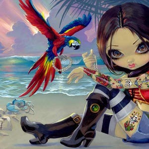 May include: An artistic illustration of a young person with tattoos, sitting on a beach with a colorful parrot. The parrot holds a pearl necklace in its beak. A skull and crab are on the sand.