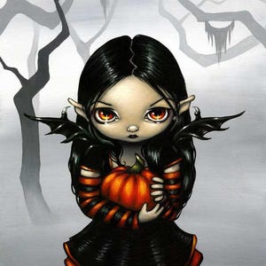 May include: A gothic-style illustration featuring a character with black hair, bat wings, and orange eyes, clutching a small orange pumpkin. The character is dressed in a black dress with orange stripes, set against a misty grey backdrop with bare trees.