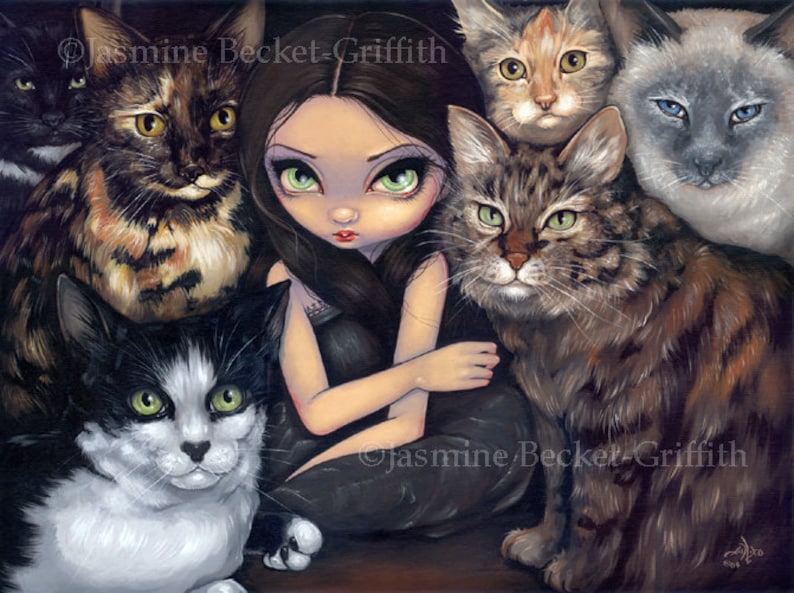 Jasmine Becket-Griffith art BIG print SIGNED goth Princess with a Maine Coon Cat