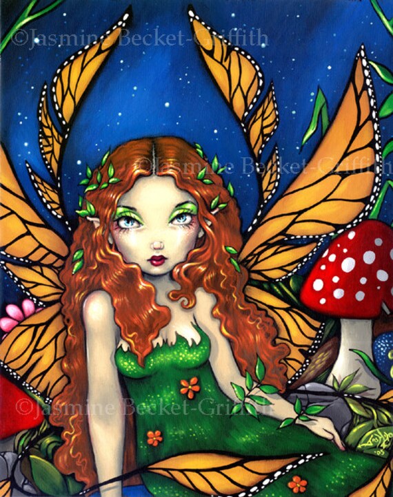 Items similar to Red Haired Fairy Queen mushroom forest fairy art print ...