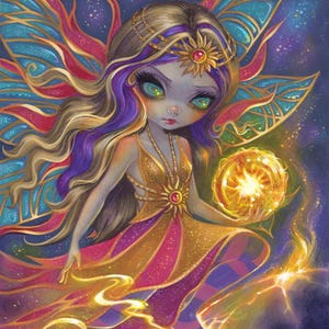 May include: A fantasy illustration of a fairy with large green eyes, holding a glowing orb. The fairy has long, flowing hair with purple highlights, a golden dress, and colorful wings. The background is a starry night sky with a purple and blue color scheme.