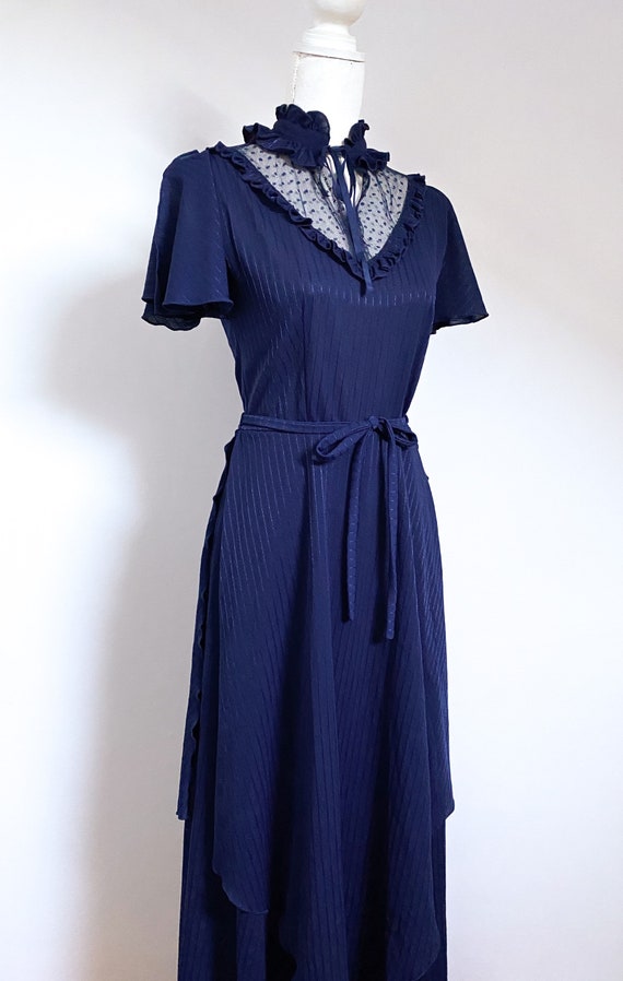 Stunning 1970s Navy Blue Victoriana Prairie Maxi Dress UK 12 View 6