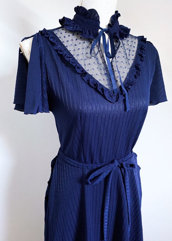 Stunning 1970s Navy Blue Victoriana Prairie Maxi Dress UK 12 View 2