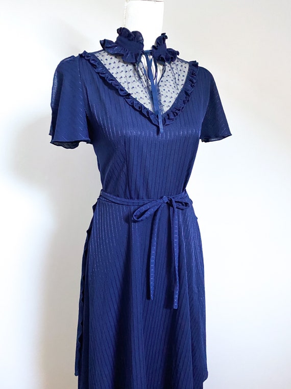 Stunning 1970s Navy Blue Victoriana Prairie Maxi Dress UK 12 View 4