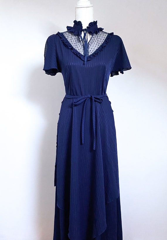 Stunning 1970s Navy Blue Victoriana Prairie Maxi Dress UK 12 View 3