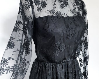 Vintage 1970s Berktex Black Lace Floral Party Cocktail Dress UK 12