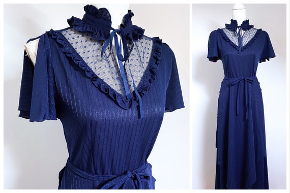 Stunning 1970s Navy Blue Victoriana Prairie Maxi Dress UK 12