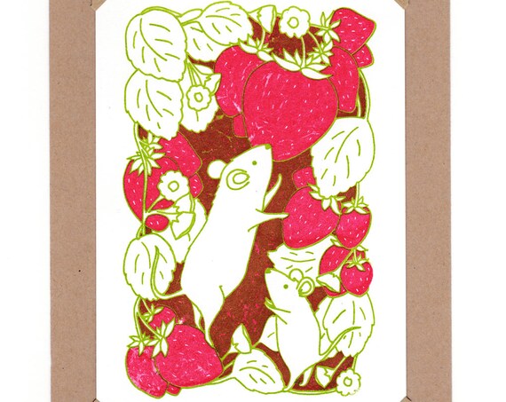 Strawberry Mice Gocco Mini Screen Print