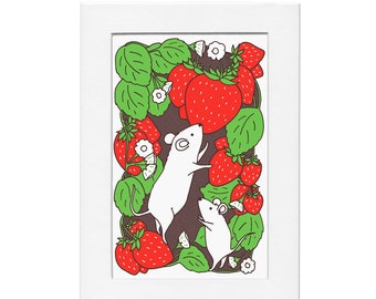 Strawberry Patch Mice 5 by 7 Print with Matte