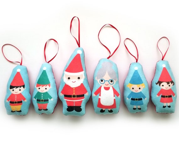 Holiday Santa & Mrs. Claus and Elves Cloth Christmas Tree Ornaments Set
