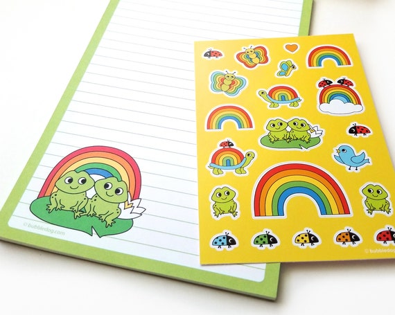 Froggy Friends Stationery Set: Frog & Rainbow Notepad, Stickers, and Envelopes
