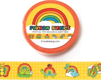 Rainbow Buddies Decorative Washi Tape Roll - Frogs, Butterflies, Turtles, Birds, and Ladybugs