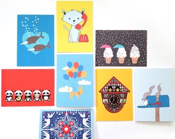 Assorted Whimsical Greeting Cards: All Occasion Blank Note Card Set or Individual Card
