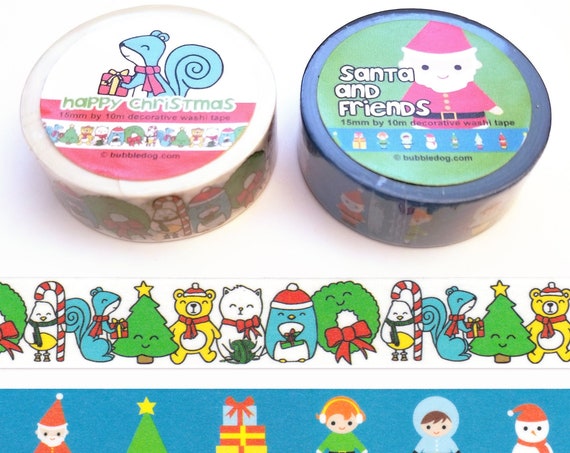 Happy Christmas & Santa and Friends Holiday Decorative Washi Tape Rolls Set of 2