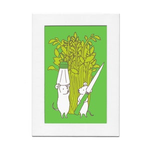 May include: Two white mice holding a salt shaker and a knife in front of a bunch of green celery.
