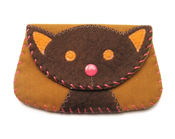 Cat Snap Wallet Purse in Browns and Orange