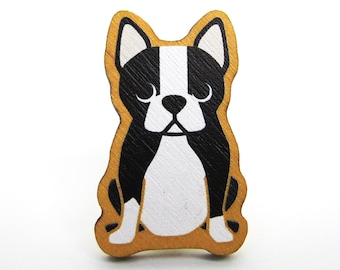 Boston Terrier Wooden Brooch Pin