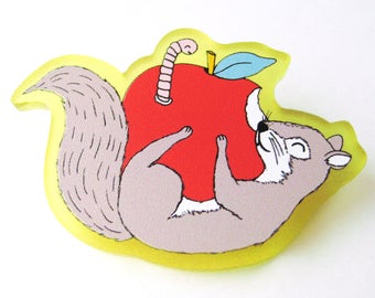 Squirrel and Worm Acrylic Brooch Pin