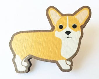 Corgi Wooden Brooch Pin