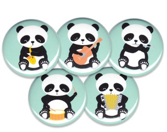 Band of Pandas Pin Set of 5 One Inch Pinback Buttons