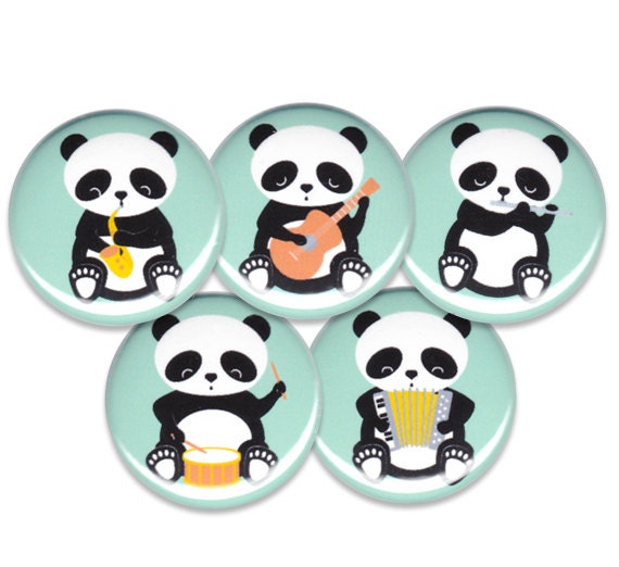 Band of Pandas Pin Set of 5 One Inch Pinback Buttons