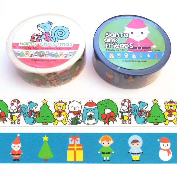 Happy Christmas & Santa and Friends Holiday Decorative Washi Tape Rolls Set of 2