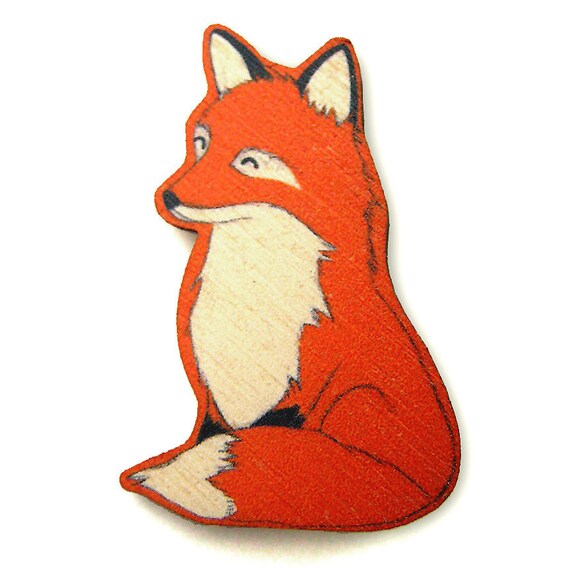 Happy Red Fox Wood Brooch Pin