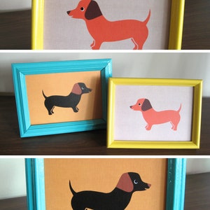 May include: Three framed illustrations of dachshunds. The top frame is yellow with a red dachshund. The middle frame is turquoise with a black dachshund. The bottom frame is turquoise with a black dachshund.