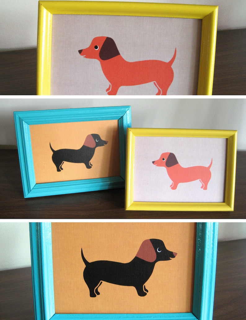 May include: Three framed illustrations of dachshunds. The top frame is yellow with a red dachshund. The middle frame is turquoise with a black dachshund. The bottom frame is turquoise with a black dachshund.