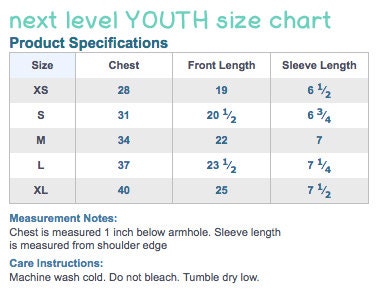 Next Level Youth Size Chart