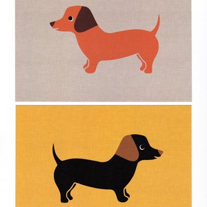 May include: Two illustrations of dachshunds. The top dachshund is orange with brown ears on a light grey background. The bottom dachshund is black with brown ears on a yellow background.