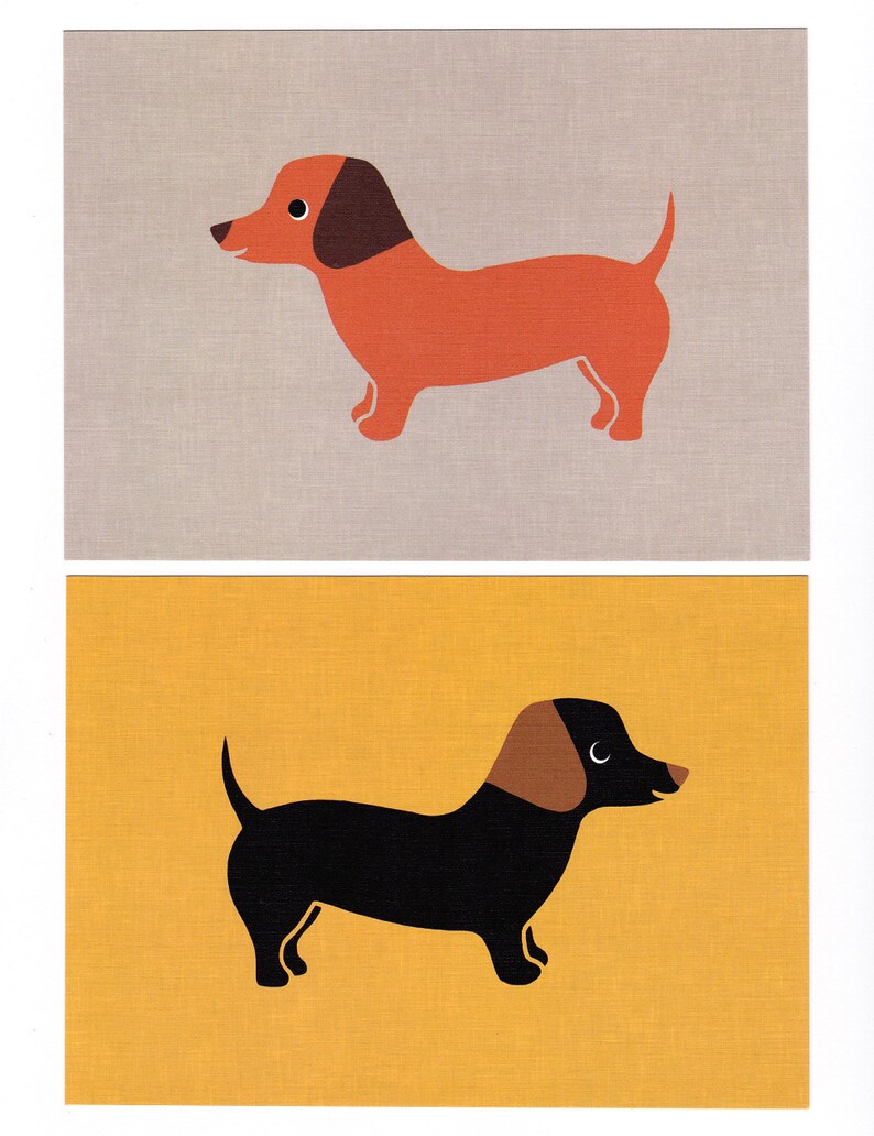 May include: Two illustrations of dachshunds. The top dachshund is orange with brown ears on a light grey background. The bottom dachshund is black with brown ears on a yellow background.