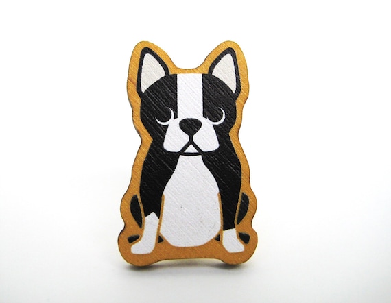 Boston Terrier Wooden Brooch Pin