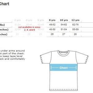 May include: Size chart for kids' tops, showing weight, height, and chest measurements in inches and pounds for sizes 2, 4, 6, 8, 10, and 12 years.  The chart notes that sizes 2, 4, and 6 are not available.