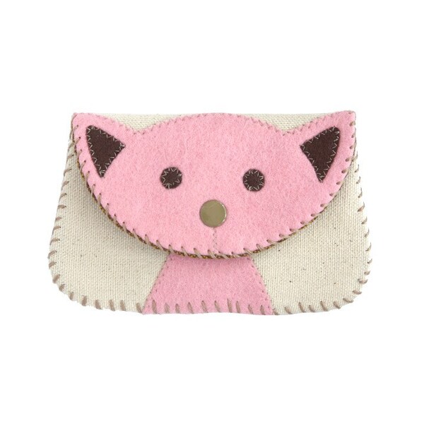 Wool Felt Applique Pink Cat Canvas Snap Wallet