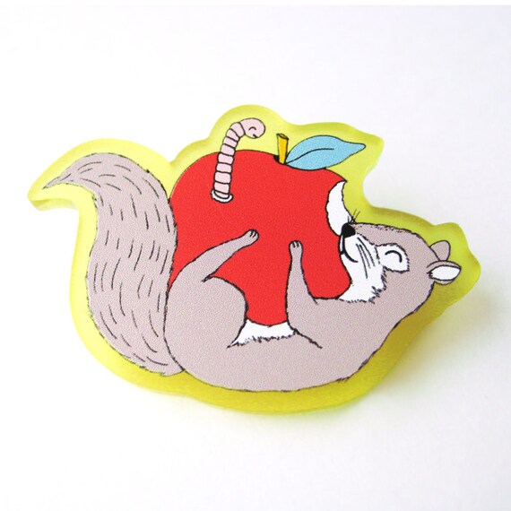 Squirrel and Worm Acrylic Brooch Pin