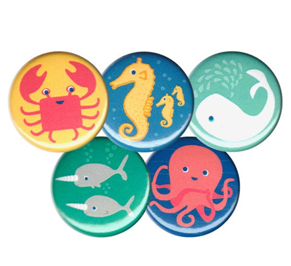 Ocean Friends Pin Set of 5 One Inch Pinback Buttons
