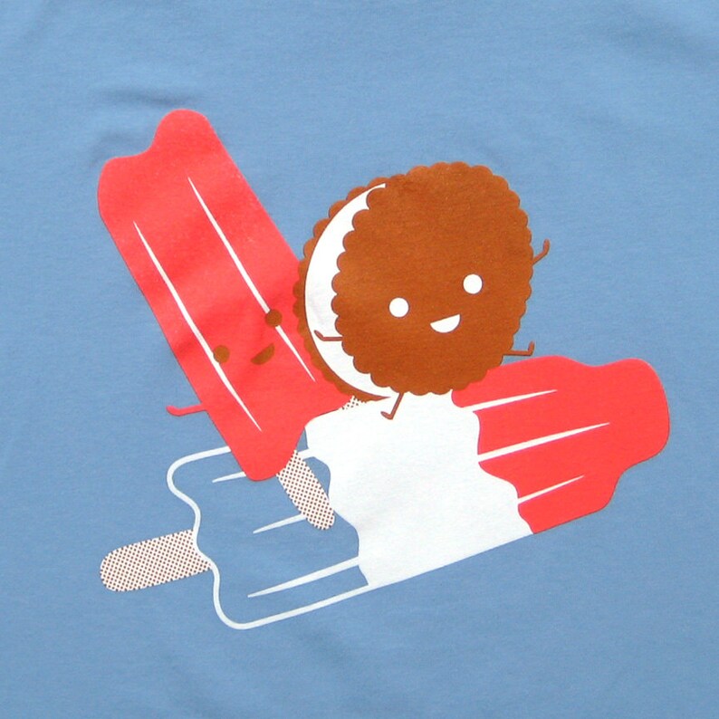 May include: A red and white popsicle with a brown chocolate cookie on top. The cookie has a smiling face. The popsicle is on a blue background.