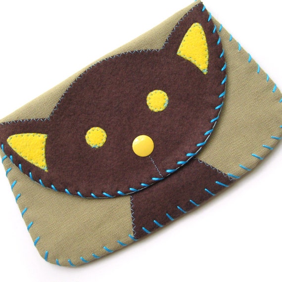 Large Cat Snap Wallet Purse in Brown and Tan