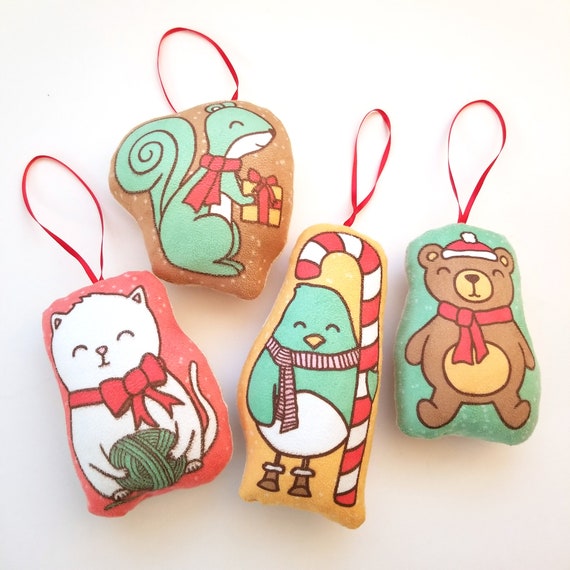 Plush Holiday Animals Christmas Tree Ornament Set