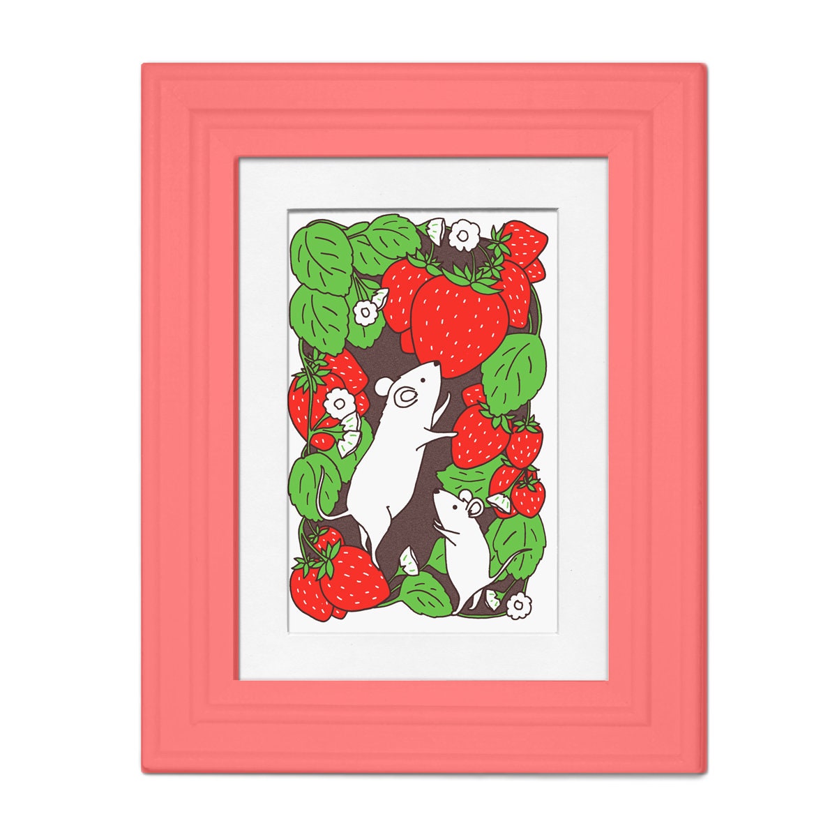 Strawberry Patch Mice 5 by 7 Print with Matte