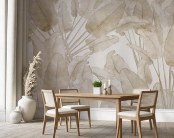 Beige Banana Leaves Wallpaper Mural, Tropical Wall Print, Peel and Stick, Nature Wall Decor