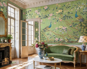 Green Chinoiserie Wallpaper Mural, Peacock Peel and Stick Wallpaper, Chinese Style Decor, Bird Wall Mural