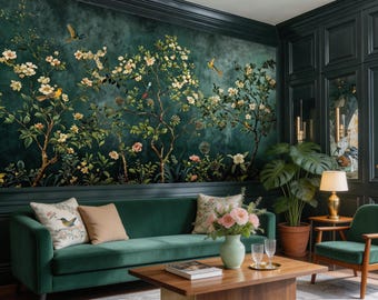 Dark Green Chinoiserie Wallpaper Mural: Birds & Flowers, Peel and Stick Wall Decor