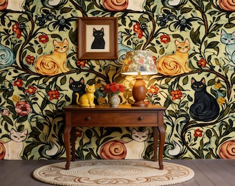 Vintage Cat & Flowers Wallpaper: Peel and Stick Canvas or Smooth Wallpaper