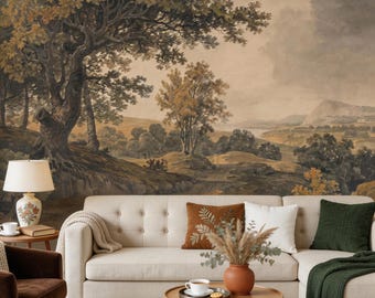 Scenic Landscape Painting Wallpaper: Rural Peel and Stick Mural, Rustic Wall Decor